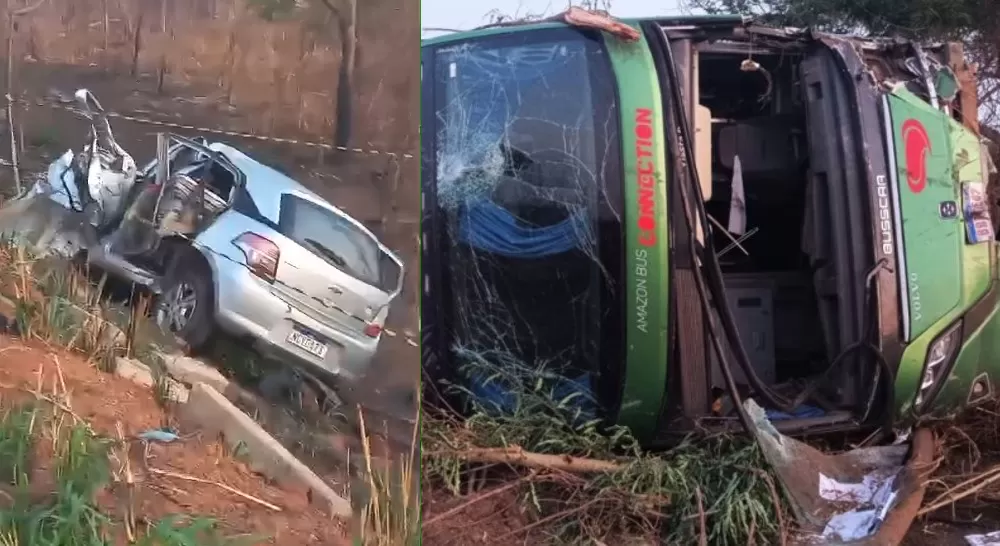Grave acidente na BR-364 entre ônibus e carro deixa dois mortos e vários feridos em Pimenta Bueno