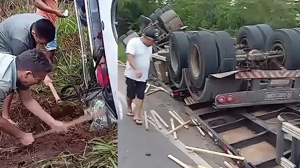 Vídeos: Motorista Fica Preso Após Tombamento de Carreta na BR-364 Próximo a Vilhena