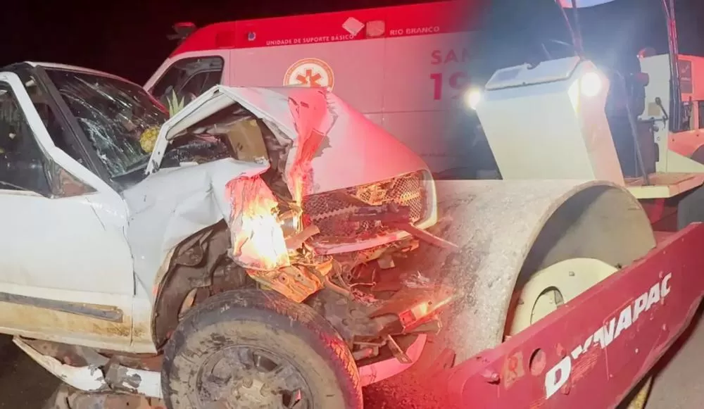 Caminhonete S-10 bate de frente com Rolo Compactador e deixa três gravemente feridos na BR-364 